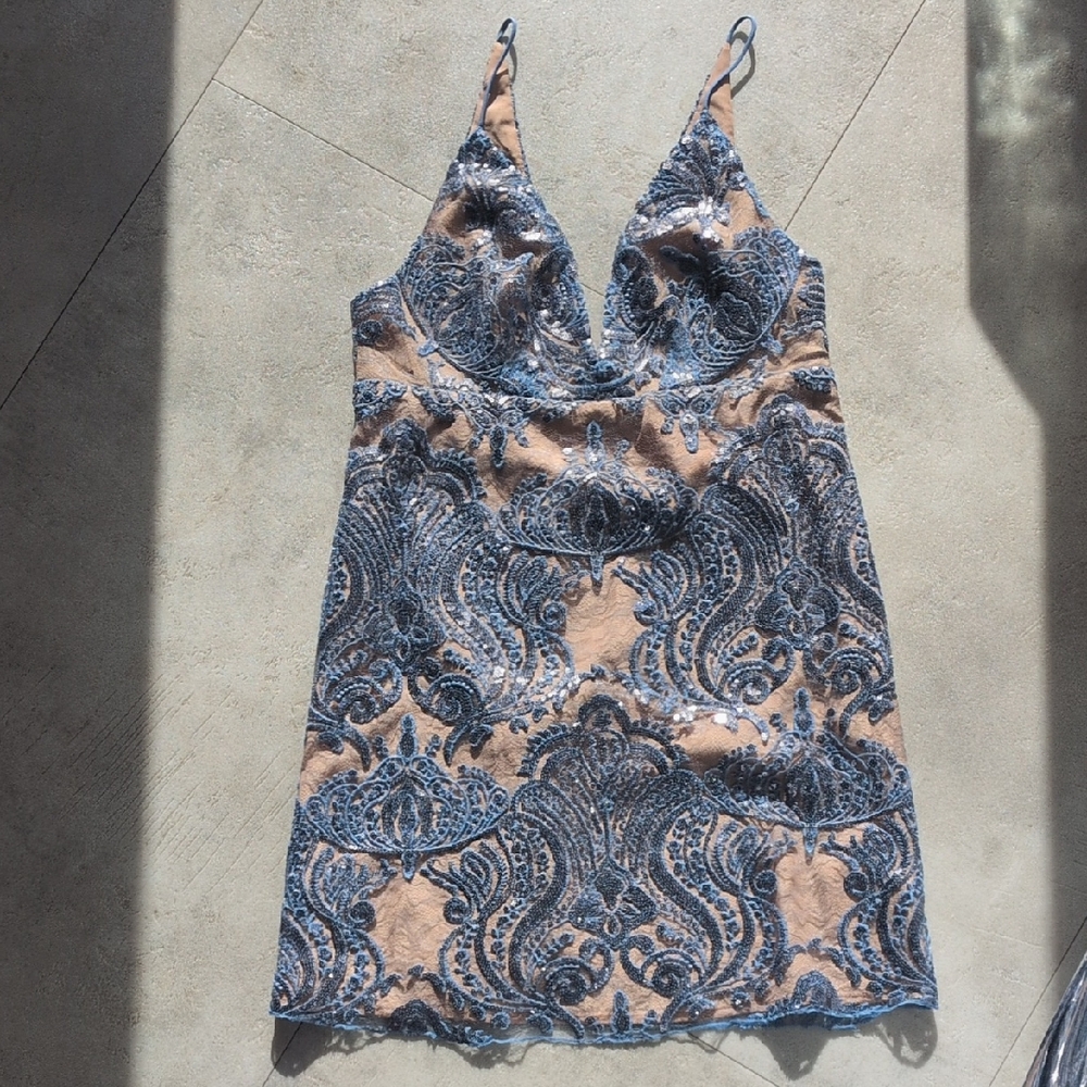 Free People Blue Lace Overlay Mini Dress